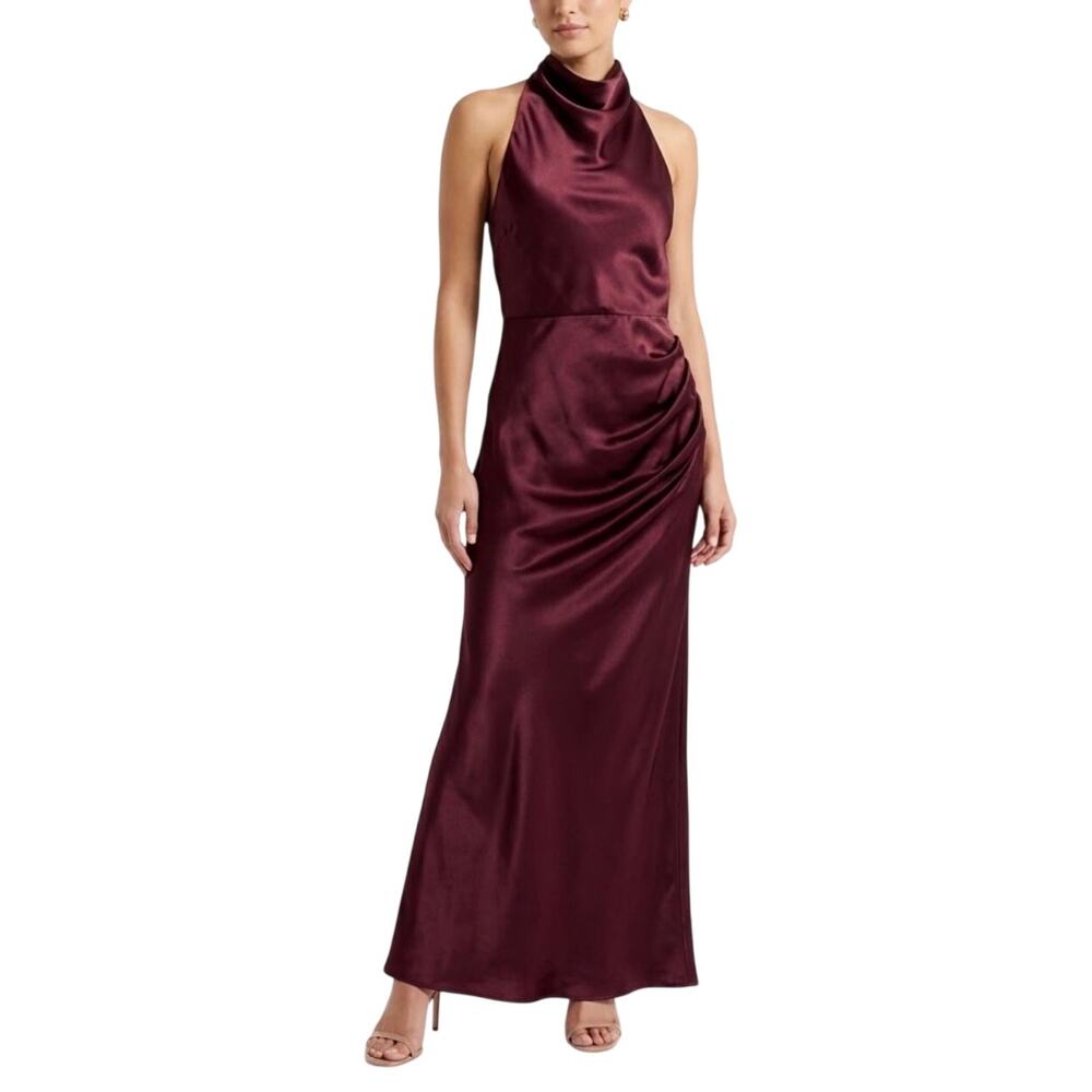 AQUA Burgundy Red Formal Dress Satin Backless Halter Long Column Gown Size 8